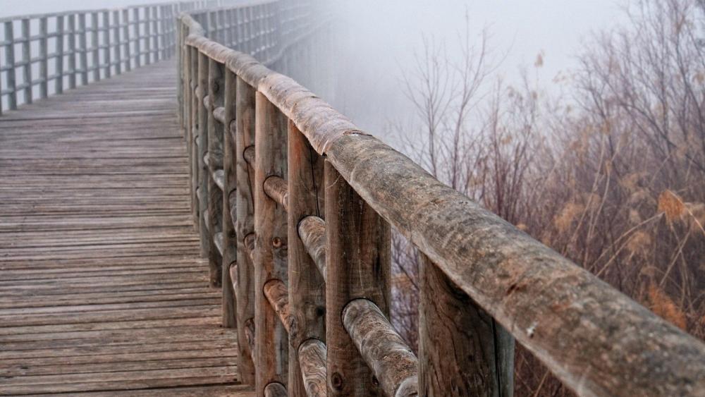 Wooden bridge in the fog wallpaper