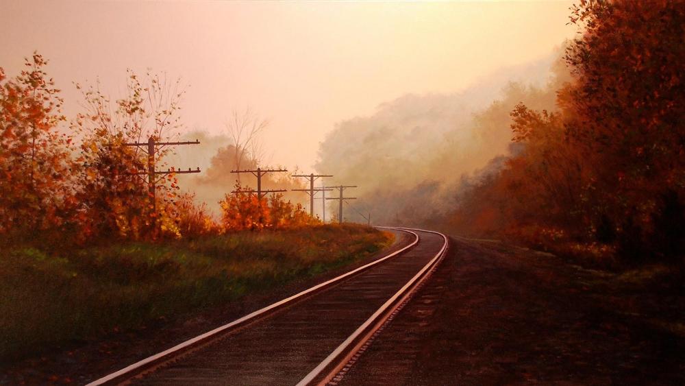 Tracks through the autumn fog at sunset wallpaper