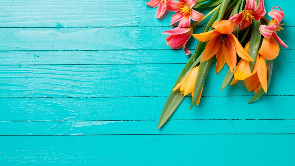 Flowers on blue wood planks - backiee