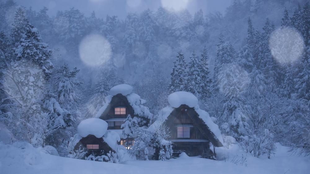 Snowy log cabin in the snowfall wallpaper