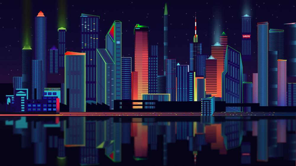 Skyscrapers at night retrowave digital art wallpaper