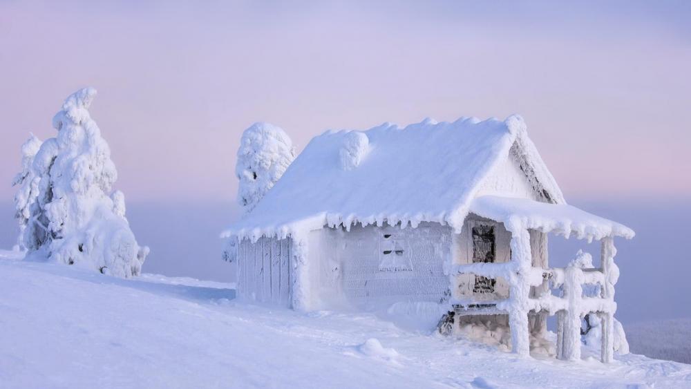 Frozen shanty in mountainside wallpaper