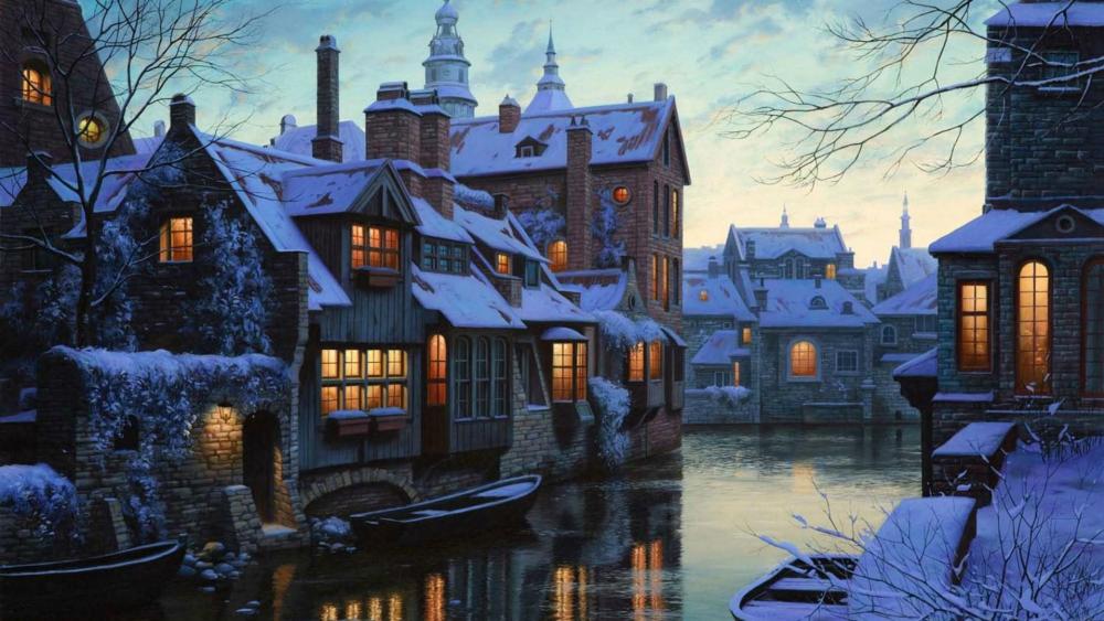 Bruges cityscape painting art wallpaper