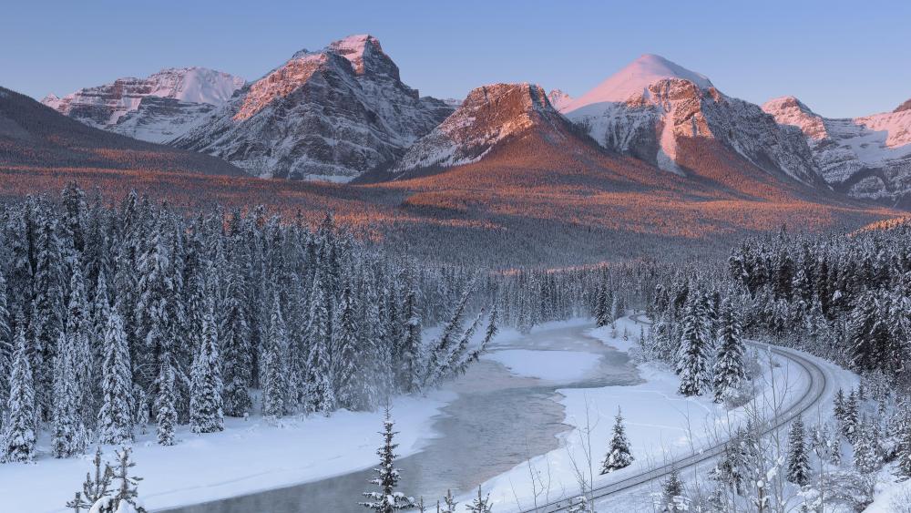 Train track along Bow River in Banff National Park wallpaper