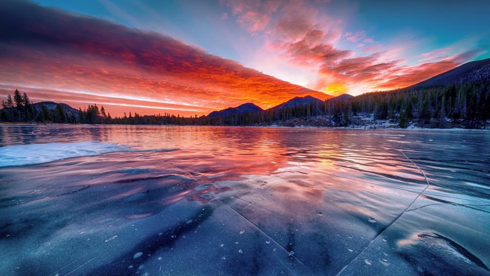 Frozen lake at sunset wallpaper