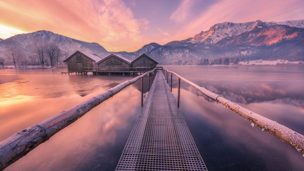 Frosty long pier over Kochel Lake wallpaper