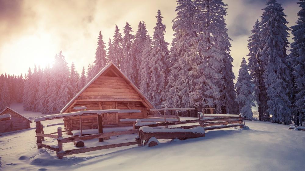 Wooden house under snow wallpaper