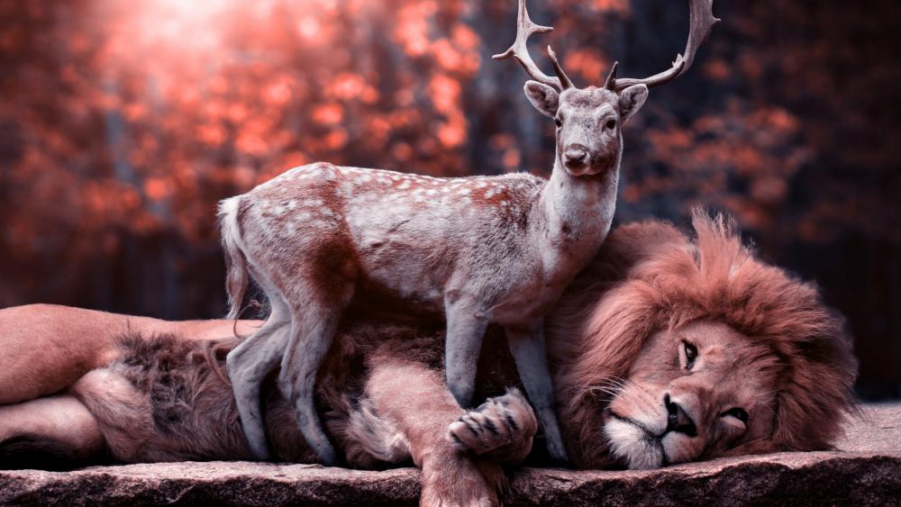 Unbelievable! Deer with lion wallpaper