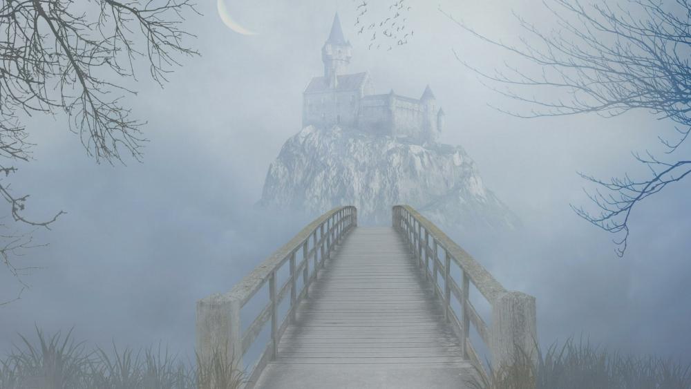 Gothic fantasy castle in the fog wallpaper