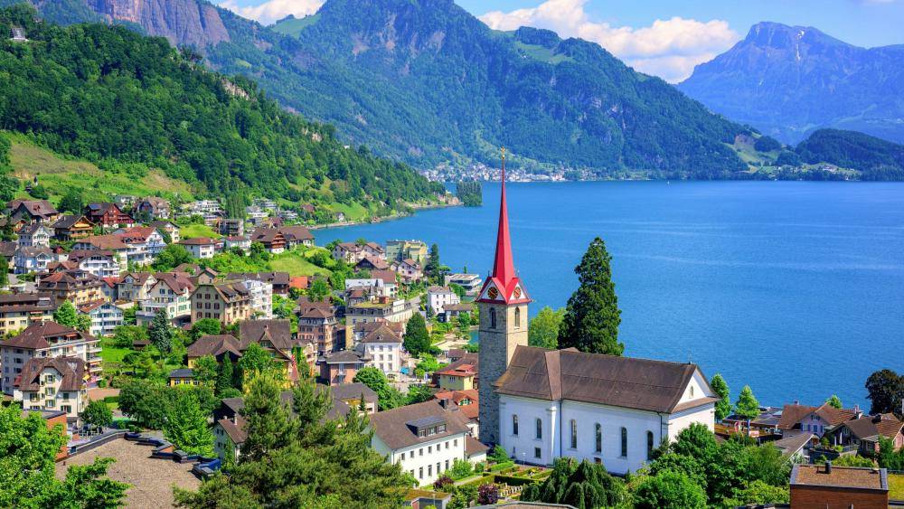 Lake Lucerne and The Parish of St. Mary’s Church wallpaper