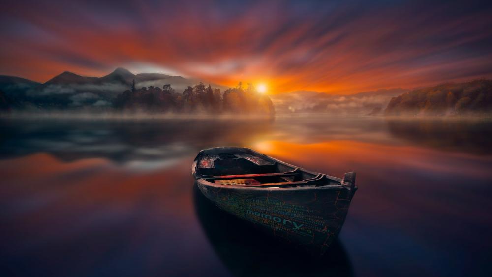 Calm lake with a boat at sunset wallpaper