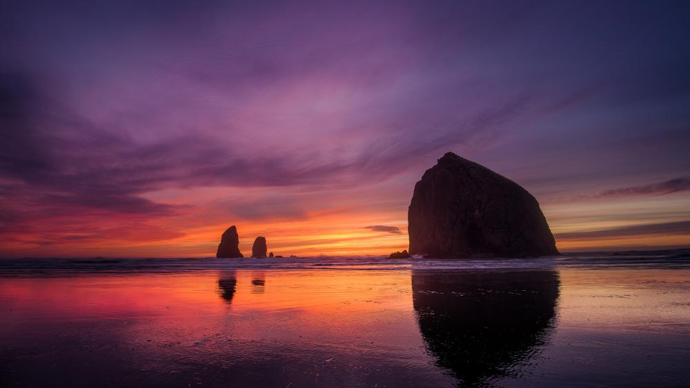 Haystack Rock at sunset wallpaper