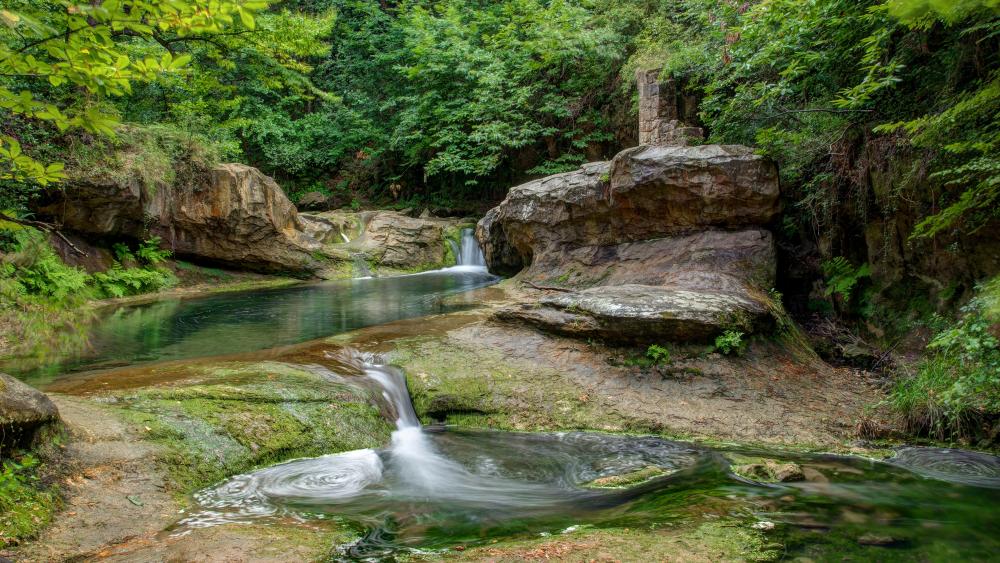 Fabulous waterfall in the green forest wallpaper