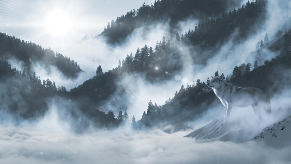 A lone wolf in the foggy mountains wallpaper
