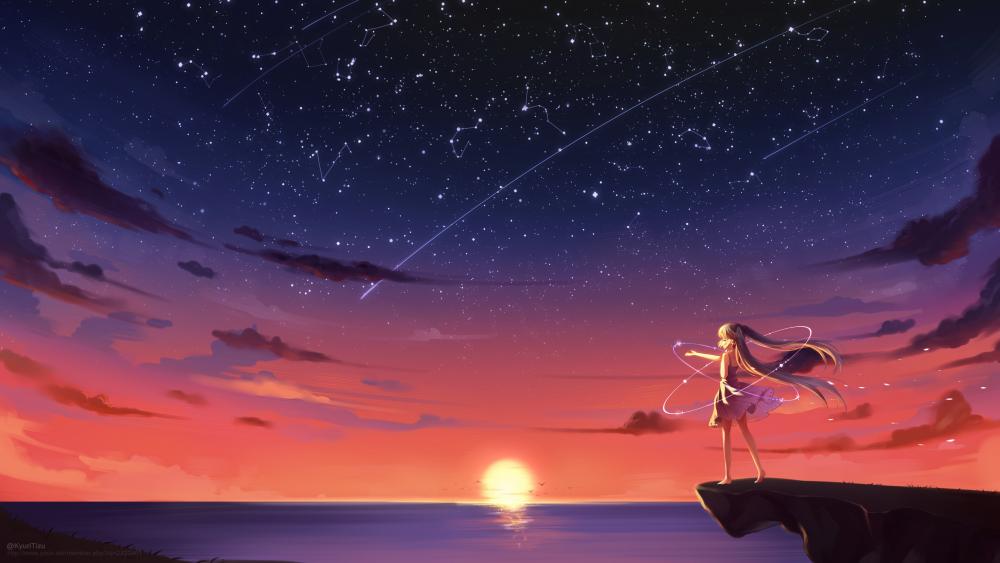Blonde anime girl under the starry sky wallpaper