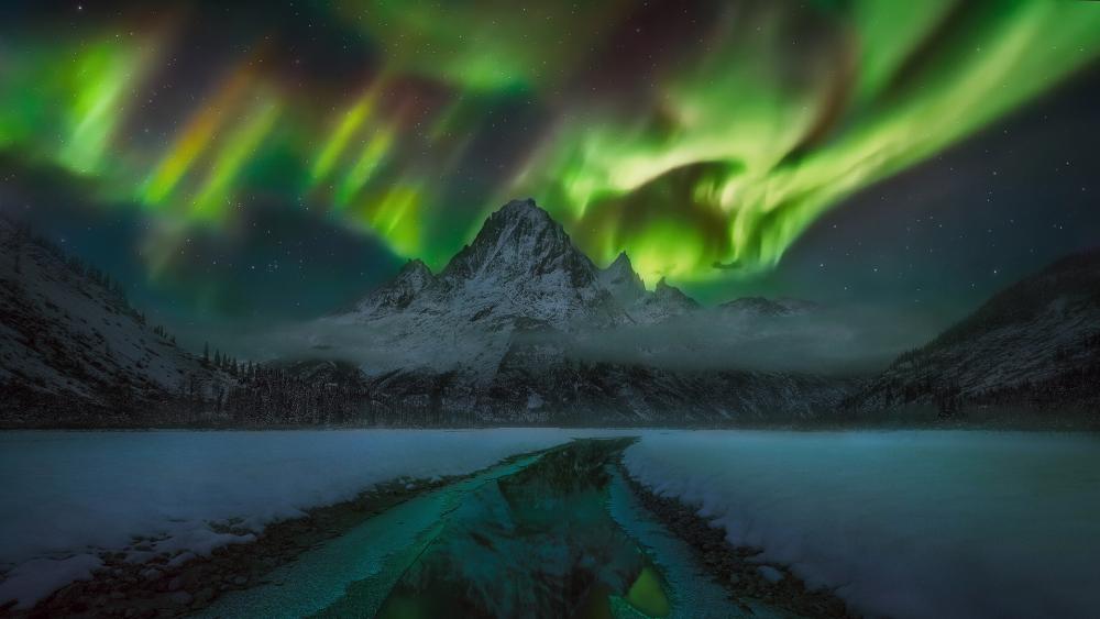 Dancing northern lights on a witer night wallpaper