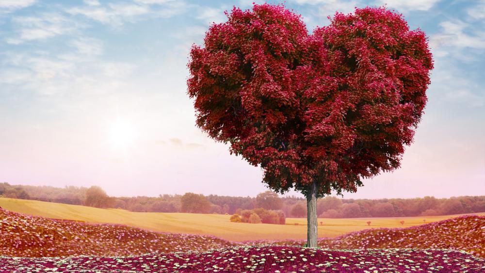 Red heart foliage tree in the flower field wallpaper