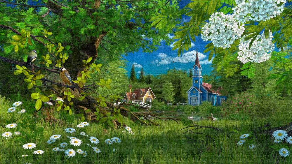 Artistic painting of a church, flowers, forest wallpaper