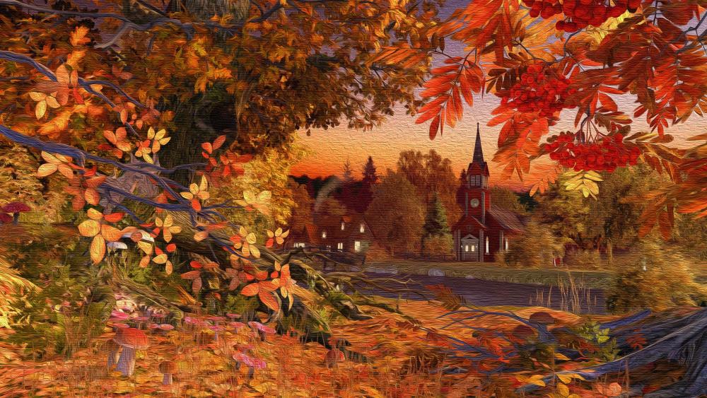 Riverside church at fall  - Painting art wallpaper