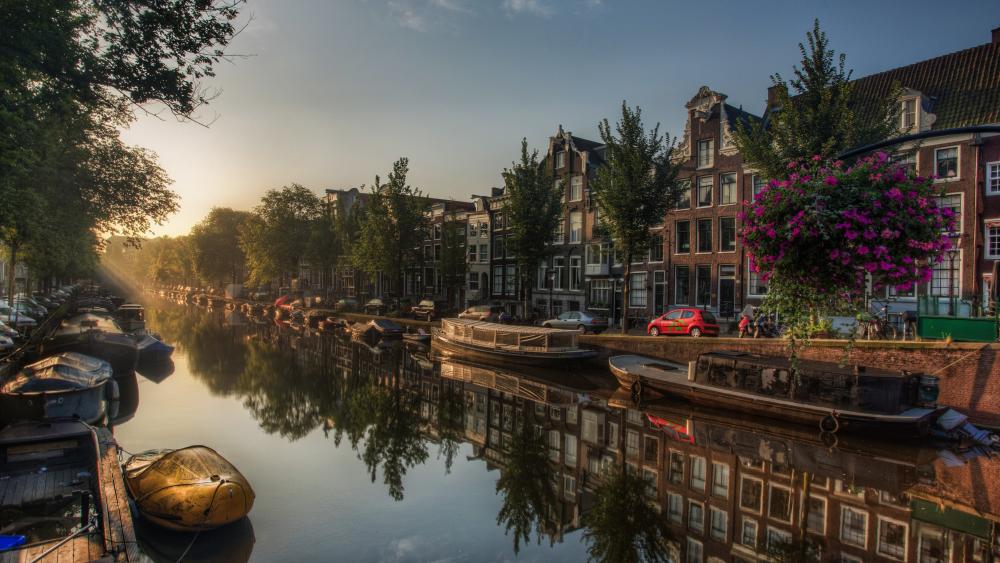 Amsterdam canal reflection wallpaper