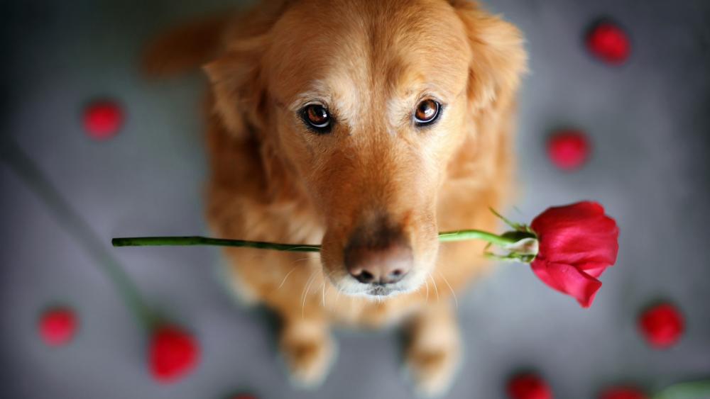 Golden Retriever dog holding a red rose wallpaper