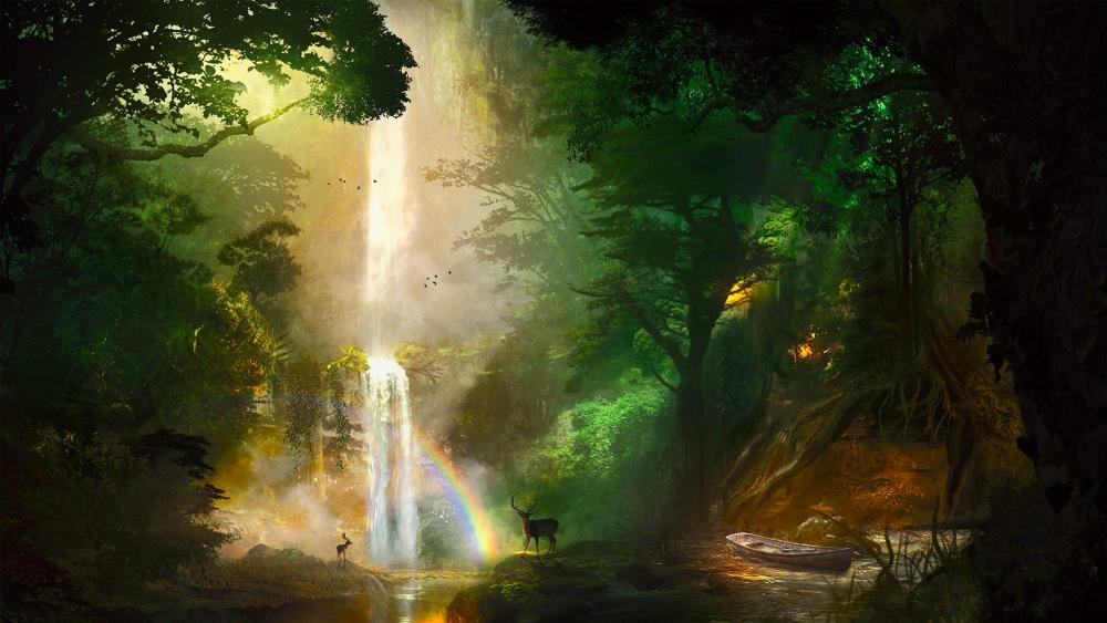 Deers at the waterfall with rainbow wallpaper