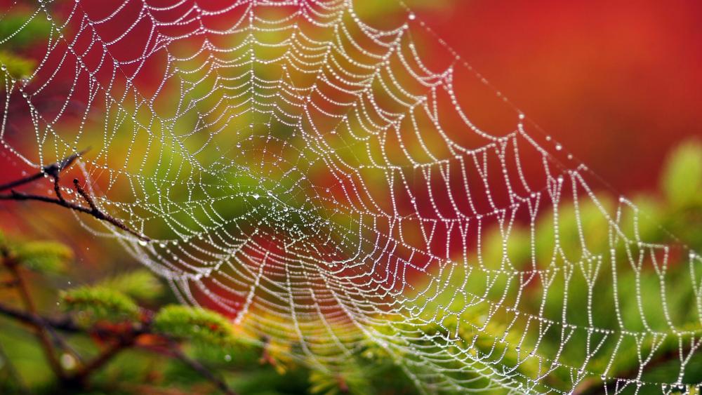 Dew drops on the spider web wallpaper
