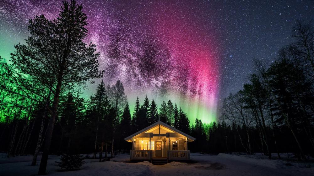 Forest house under the polar lights wallpaper