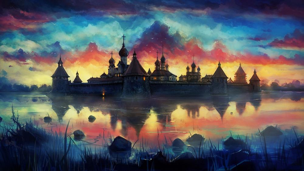 Russian monastery reflection painting art wallpaper