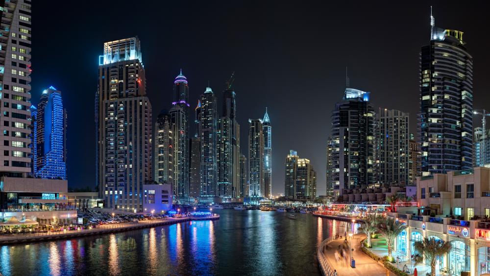 Skyscrapers at the Dubai Marina at night wallpaper