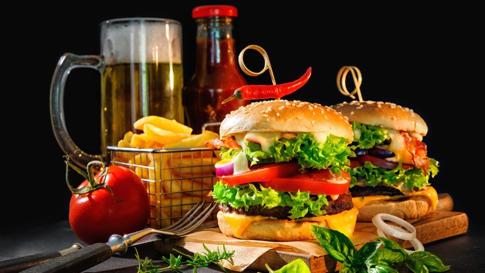 Hamburger with french fries and beer wallpaper