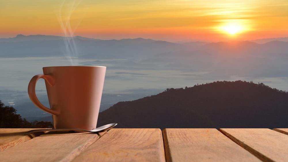Morning coffee with panoramic view wallpaper
