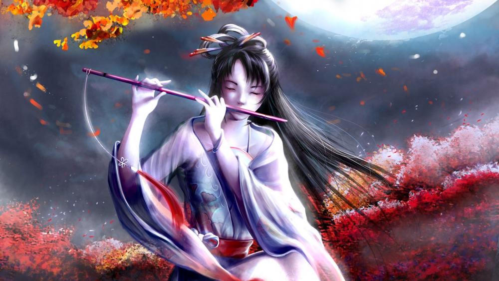 Girl playing a flute wallpaper