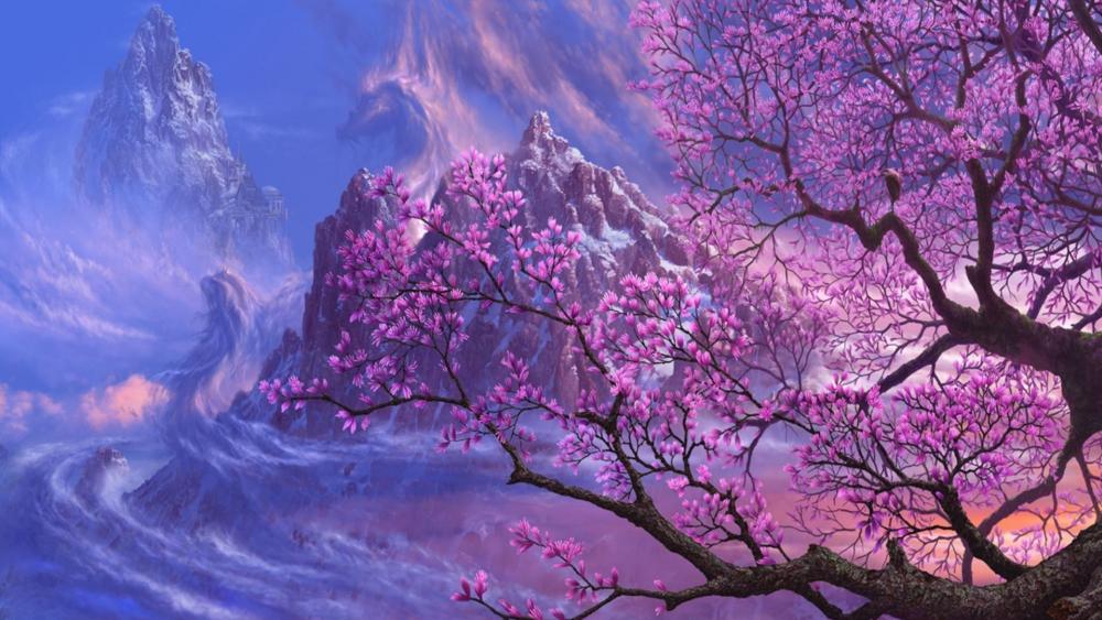 Magnolia tree in the icy mountains - Fantasy landscape wallpaper