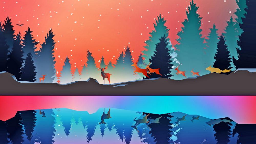 Wild animals in the winter forest wallpaper