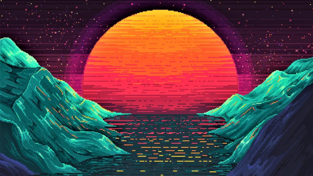 Sunset pixelated retrowave digital art wallpaper