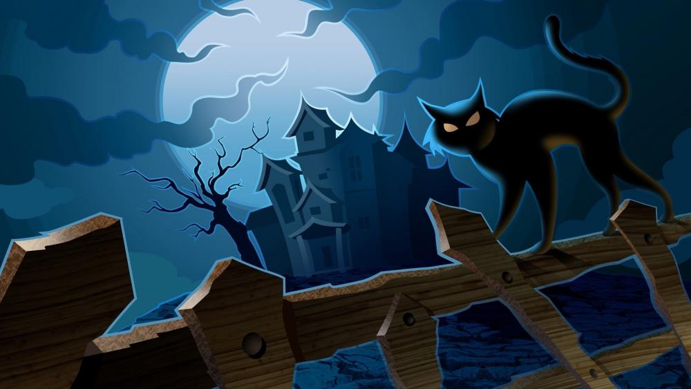 Black cat walks on a fence - Halloween art wallpaper