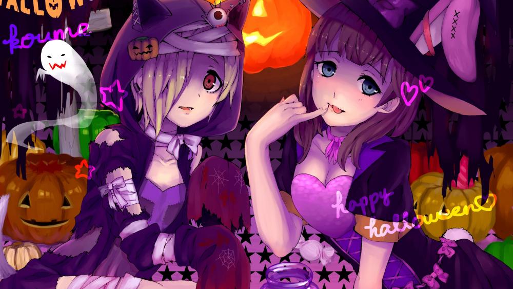 Anime witch girls at Halloween wallpaper