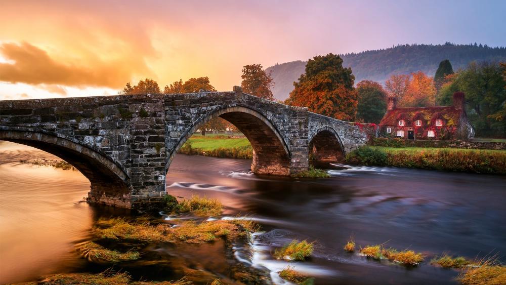 Conwy river and Llanrwst bridge at fall wallpaper