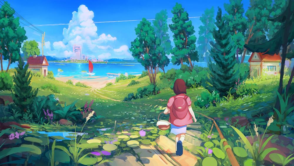 Child walks to the lakeshore wallpaper