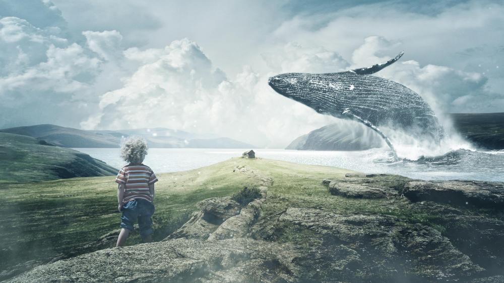 Child and whale fantasy art wallpaper
