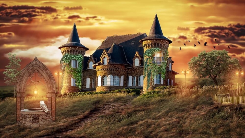Fantasy castle with well wallpaper