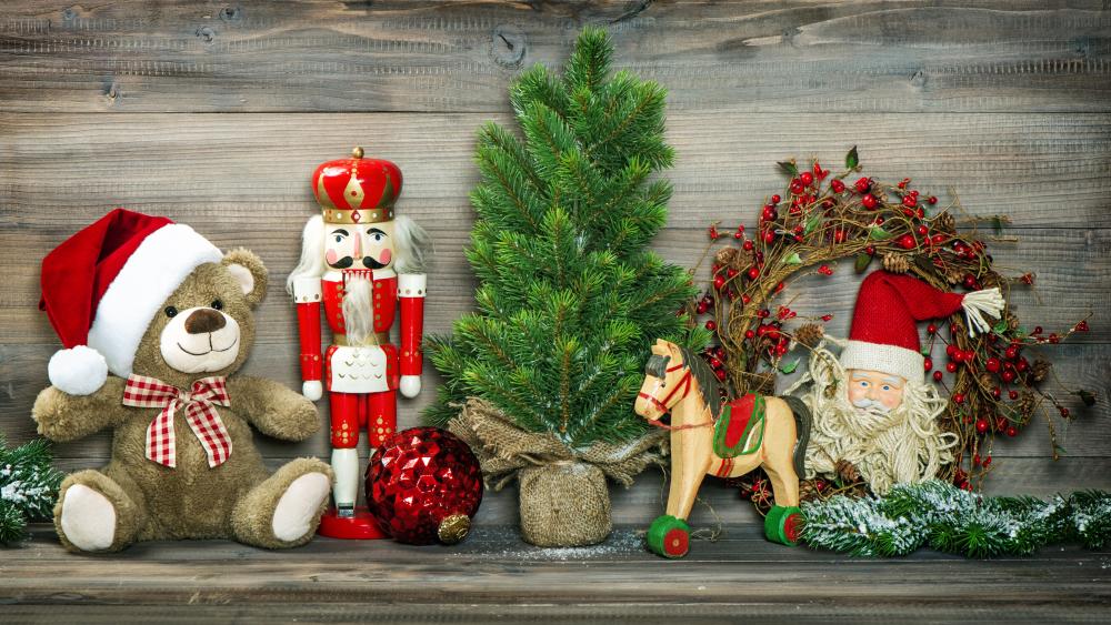Christmas decoration in front of wood planks wallpaper