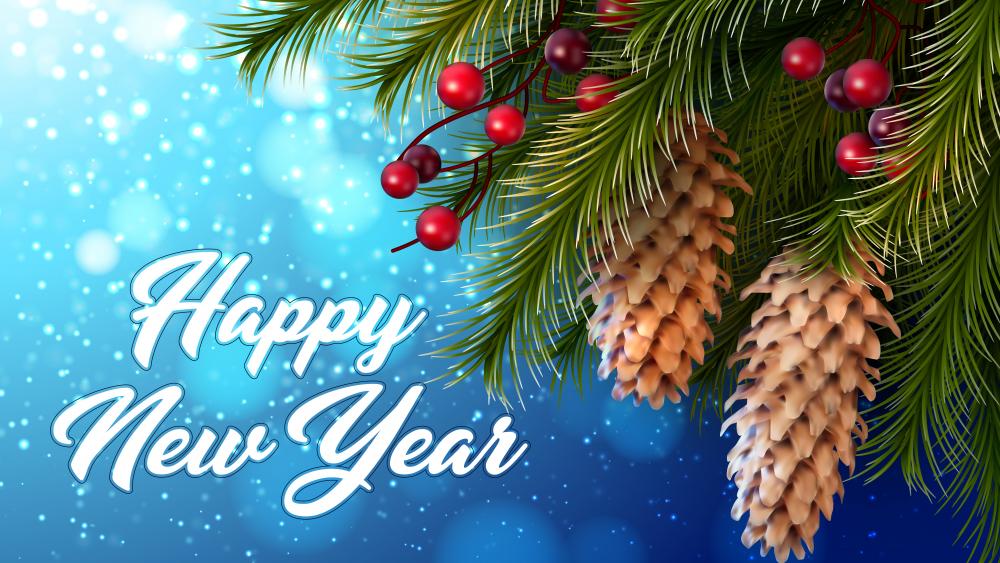 Happy New Year christmas berries and pine cones wallpaper