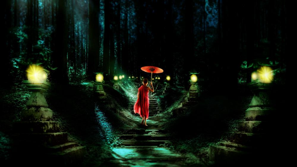 Young buddhist monk in the night forest wallpaper