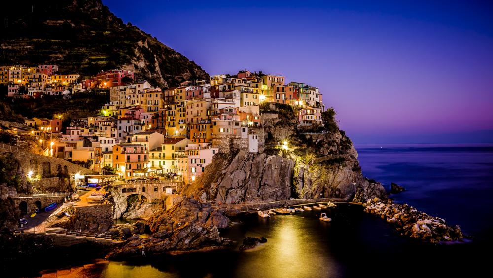 Manarola from the sea at dusk (Cinque Terre, Italy) wallpaper