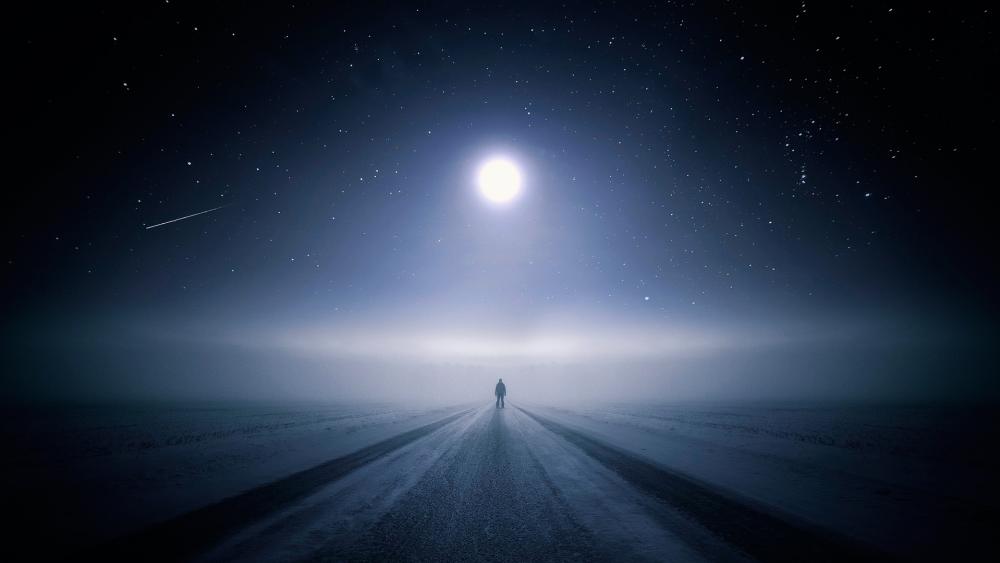 Winter road under the starry sky wallpaper