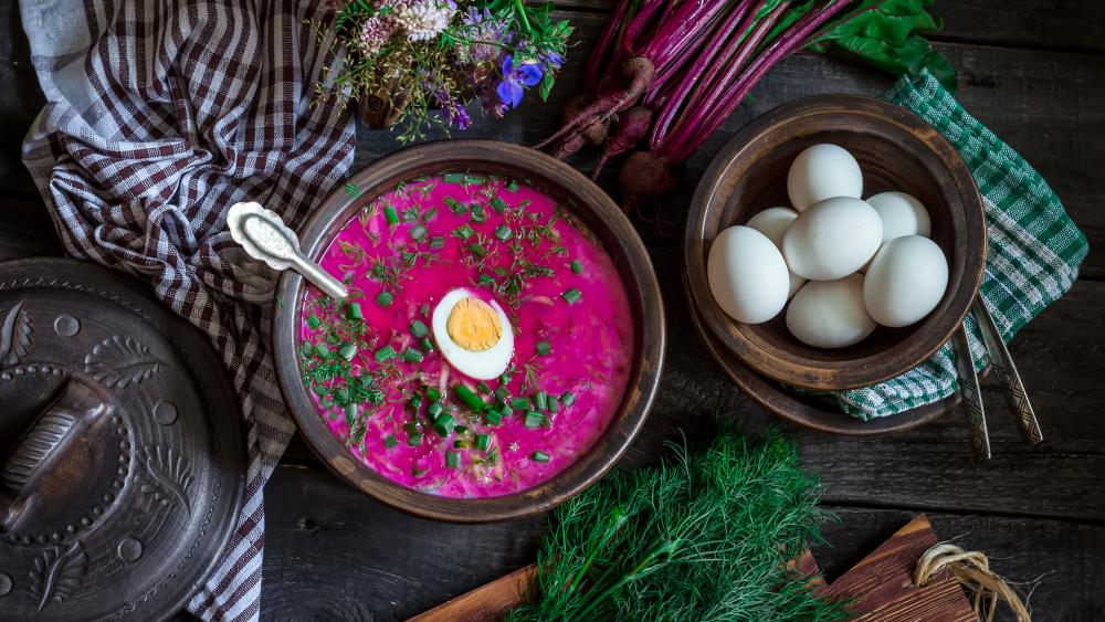 Beetroot soup with boiled egg wallpaper