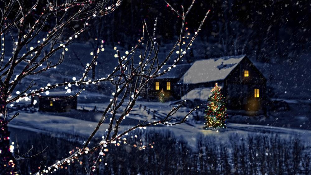 Christmas lights in the snowfall - backiee