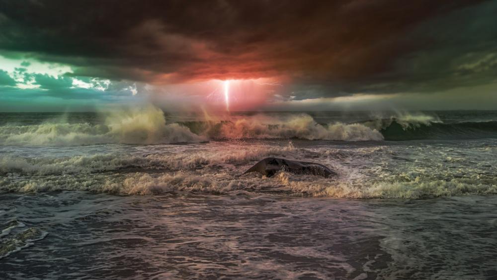 Sea storm with lightning wallpaper